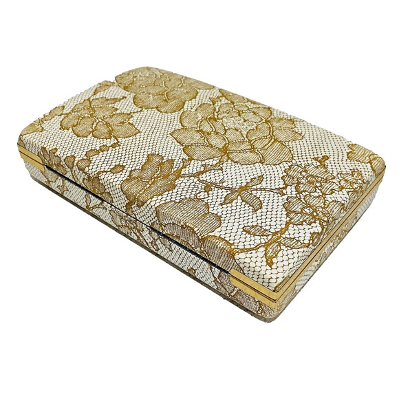 Vintage Mele Jewelry Box Case Portable Mid Century Gold Lace Pattern Hinge Lid - Picture 3 of 10